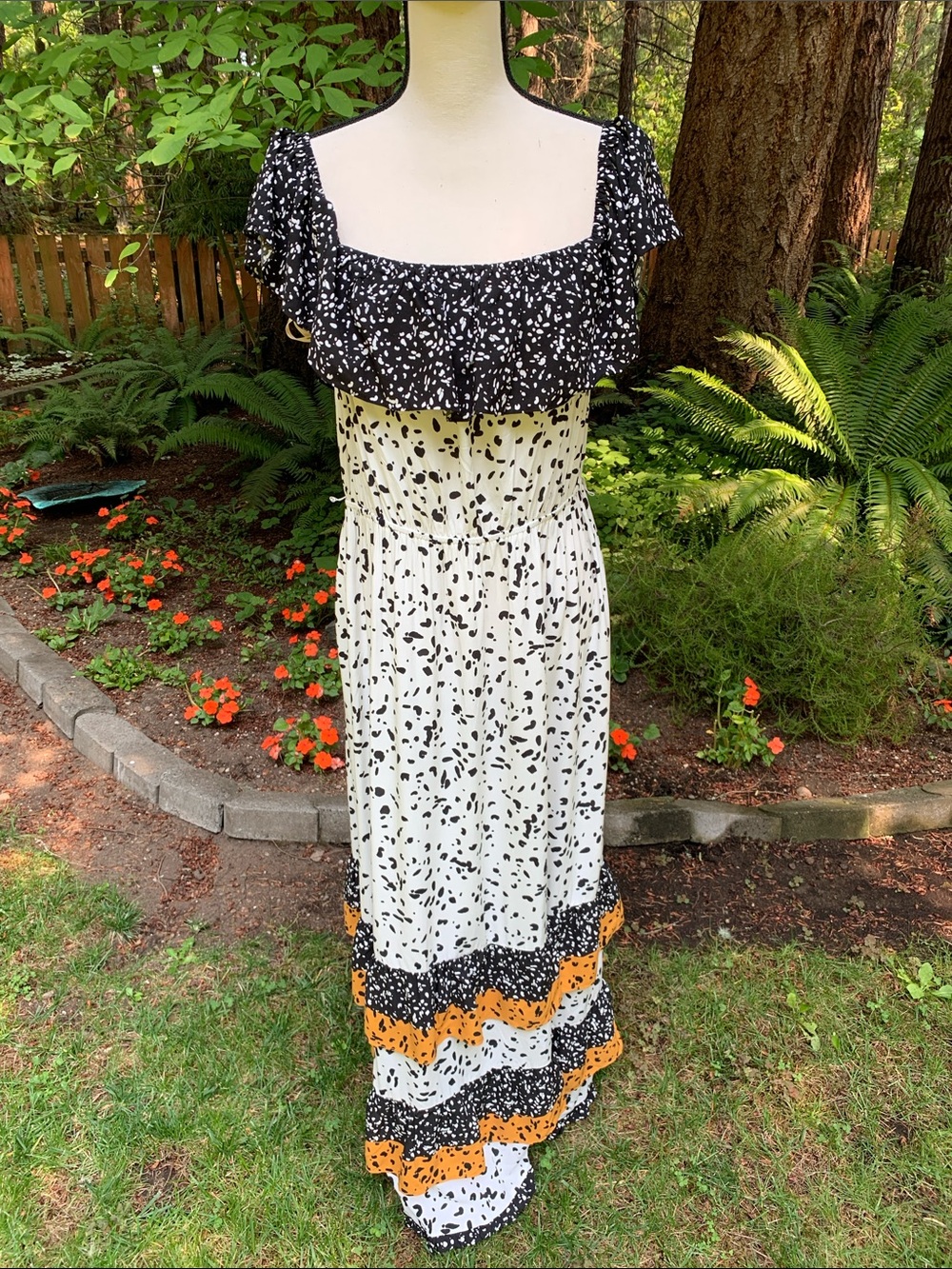 LaSerein Black & White Printed Ruffle Maxi Dress with Orange Trim